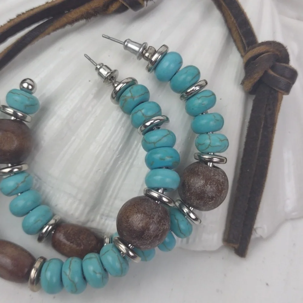 Turquoise Dark Wood & Silver Tone:Beaded Gorgeous Boho Hoop Earrings